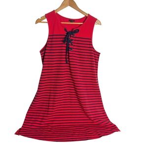 Talbots Shift Dress Size L Red Navy Striped‎ Lace Up Knit Nautical Preppy